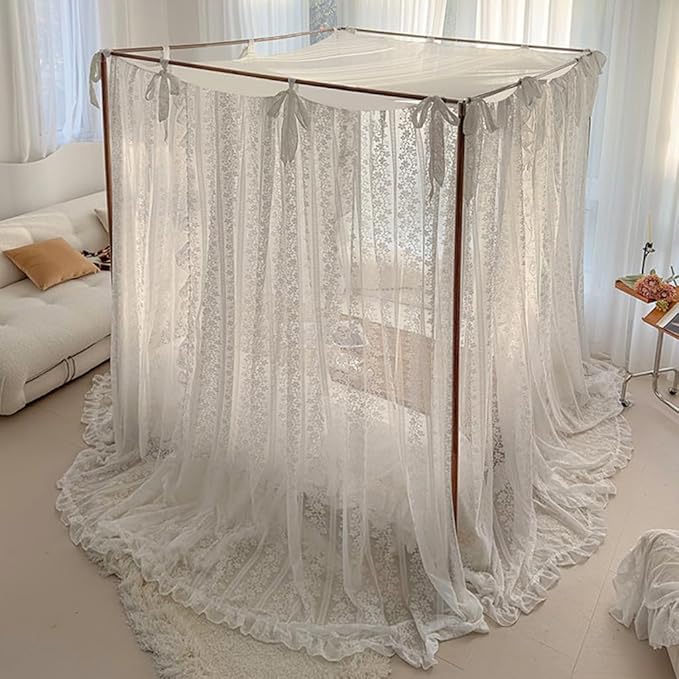 Elegant Princess 4 Corner Post Mosquito Net Romantic for Girls Women Bed Curtain Canopy for Adult Wedding Bedroom Kids Rooms Decoration (Type2-White-Flower, Full)