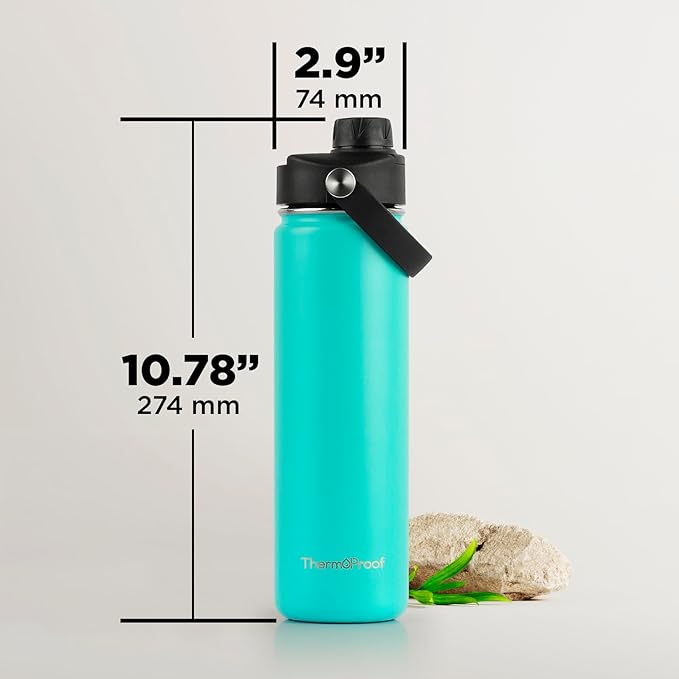 ThermoProof Hot & Cold Insulated Stainless Steel Water Bottle, Durable Leak Proof Gym Bottles for Men, Women & Kids, Double Walled Vacuum Bottles - 2 Lids (Mint, 22oz)