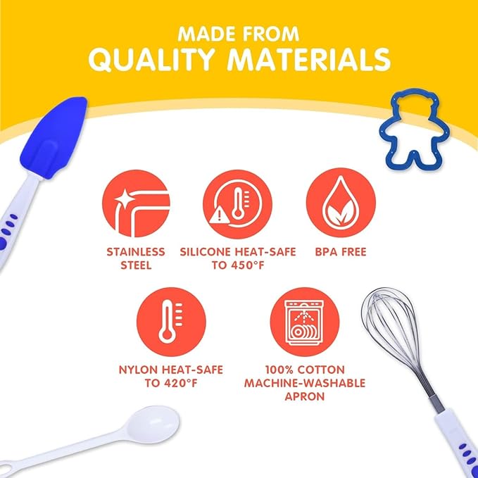 Curious Chef 11-Piece Blue and Green Chef's Kit for Kids, Includes Real Cooking and Baking Tools, Dishwasher Safe and Made with BPA-Free Plastic