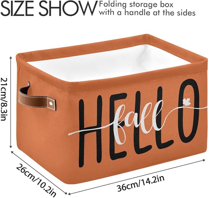 Hello Fall Orange Storage Basket Fabric Kitchen Baskets Autumn Pumpkin Open Home Storage Bins Boxes Foldable Organizer Bag for Baby Cloth Pet Toy Book Shelf Closet Baskets 16×12×8 Inches