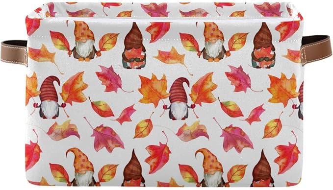 Fall Gnomes Storage Basket Fabric Kitchen Baskets Autumn Maple Leaves Open Home Storage Bins Boxes Foldable Organizer Bag for Baby Cloth Pet Toy Book Shelf Closet Baskets 16×12×8 Inches