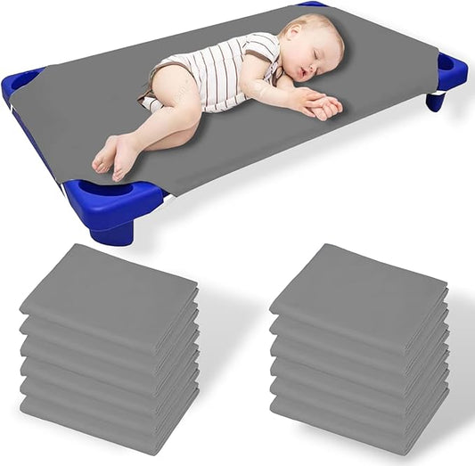 Pack of 12 Cot Sheet for Daycare Preschool Cot Bed -Polyblend Fabric with Corner Elastic Cots Sheets Fits On 22" X 52" Inches Size Toddler and Preschool Daycare Cot Light Grey 22 X 52 Size