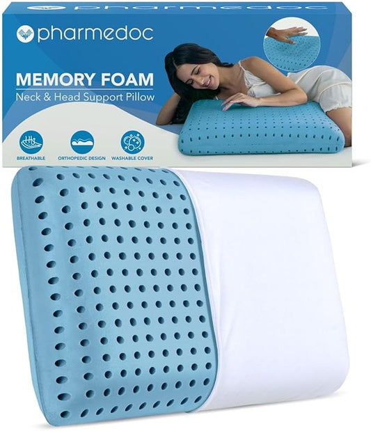 Pharmedoc Cooling Memory Foam Pillows, 1 Pack, Ventilated Cool Blue Bed Pillow, Reading and Bed Rest Pillows, Standard, Back Sleeper and Side Sleeper Support, Sleeping Pillows for Adults