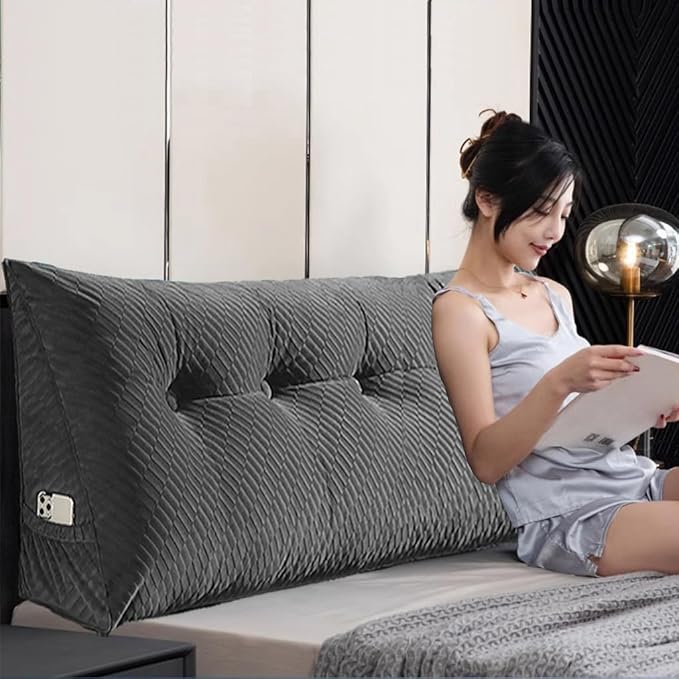 Gradient Velvet Triangular Wedge Pillow, Removable Cover Headboard Pillow for Daybed, Backrest Positioning Support Pillow Cushion Resting Reading Relaxing (Grey, Twin(39 * 20 * 8in))