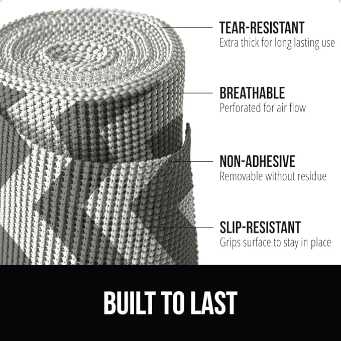 Gorilla Grip powerGRIP Drawer Shelf and Cabinet Liner, Thick Strong Hold, Non-Adhesive Liners Protect Kitchen Cabinets and Cupboard, Bathroom Drawers, Easy Install, Breathable Mat, 17.5"x10', Chevron