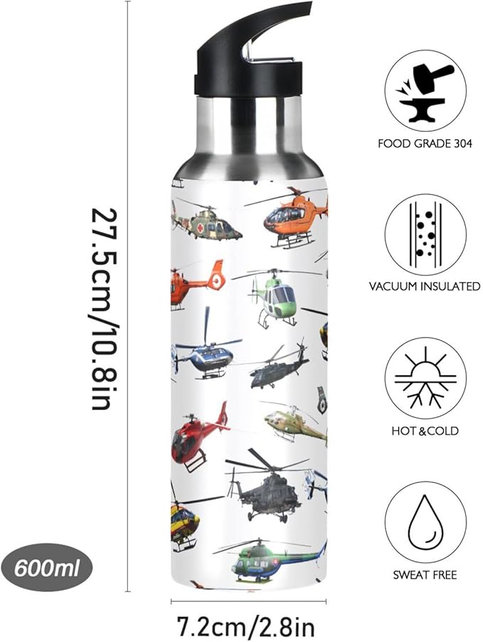 Helicopter Stainless Steel Water Bottle with Straw Lid - 20 Oz Sports Insulated Water Bottle Thermos for Sport Gym Outdoor Travel School