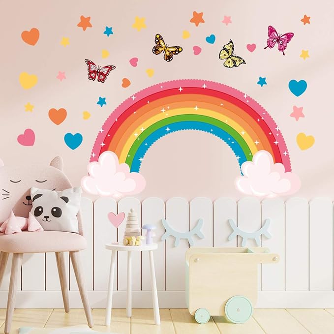 Rainbow Wall Decals Colourful Butterflies Cloud Wall Stickers Large Rainbow Removable Wall Art Murals Peel and Stick Wall Decoration for Bedroom Living Room Kids Bedroom Baby Nursery