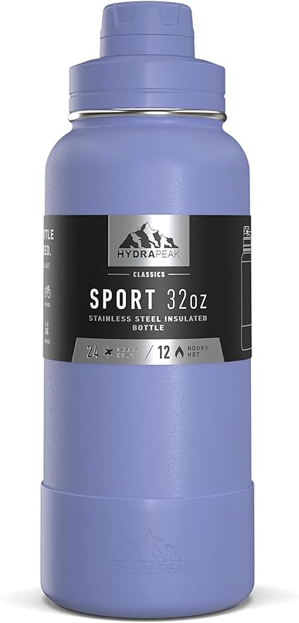Hydrapeak 32oz Sport Insulated Water Bottle with Chug Lid, Leak & Spill Proof, Keeps Drinks Cold for 24 Hours, Hot for 12 Hours, Premium Stainless Steel Water Bottles (32oz, Iris)