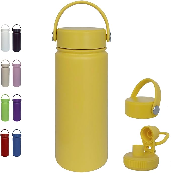 18oz Insulated Water Bottle ,Stainless Steel Sports Water Cup Flask with 2 Lids, Wide Mouth Travel Thermal Mug,Outdoor Sports Bottle(Mango yellow)