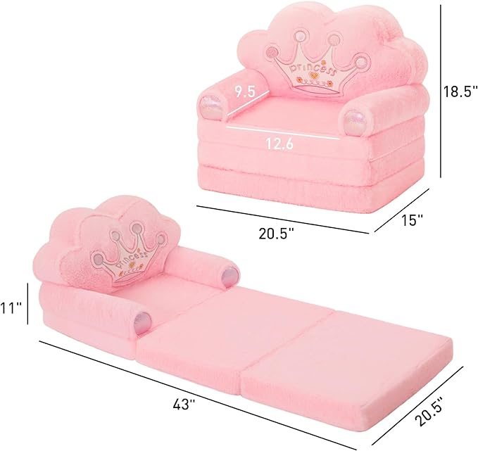 MOONBEEKI Toddler Chair Comfy,Foldable Princess Kids Couch for Girl, Toddler Recliners for Kids Over 18 Months, Kids Sofa Bed Fold Out(Pink)