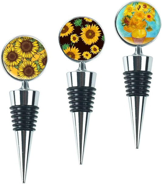 LIZIMANDU Wine Bottle Stoppers,Stainless Steel Wine Stoppers For Gifts, Bar, Holiday Party, Wedding (3 Pack, 3-Sunflower)