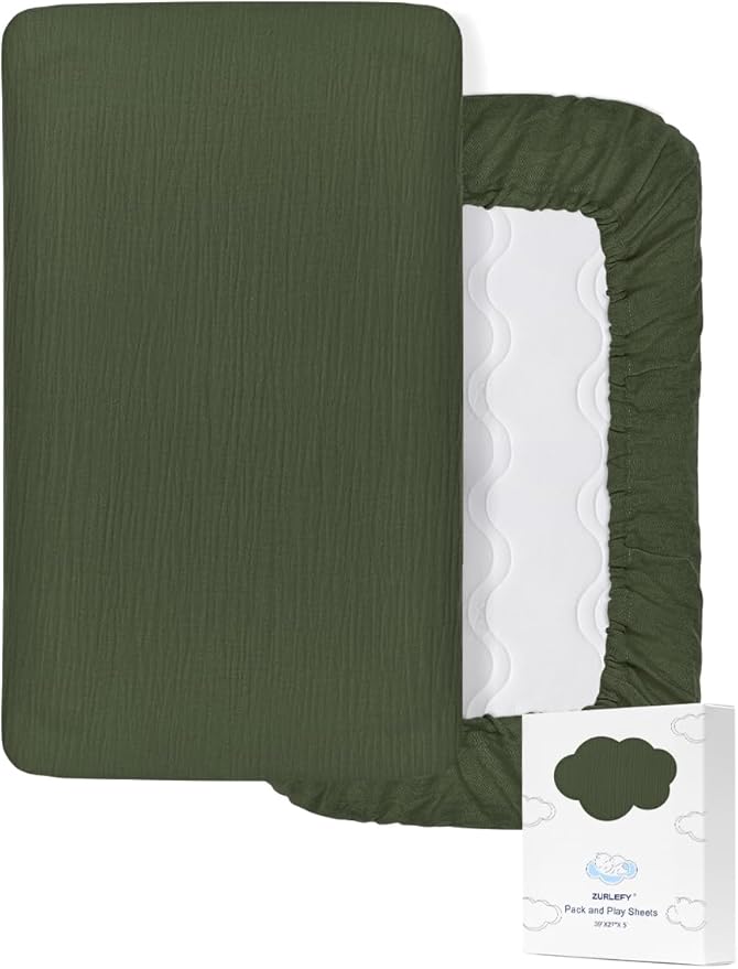 Olive Green Pack and Play Mattress Pad Sheets, Neutral Muslin Cotton Small Pack n Play Mattress Pad Cover, 39"x27" Soft and Breathable Baby Sheets for Pack and Play (46P-10)