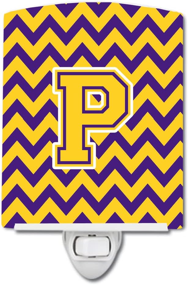 Caroline's Treasures CJ1041-PCNL Letter P Chevron Purple and Gold Ceramic Night Light Compact, UL-Certified, Ideal for Bedroom, Bathroom, Nursery, Hallway, Kitchen, 6x4x3, Multicolor