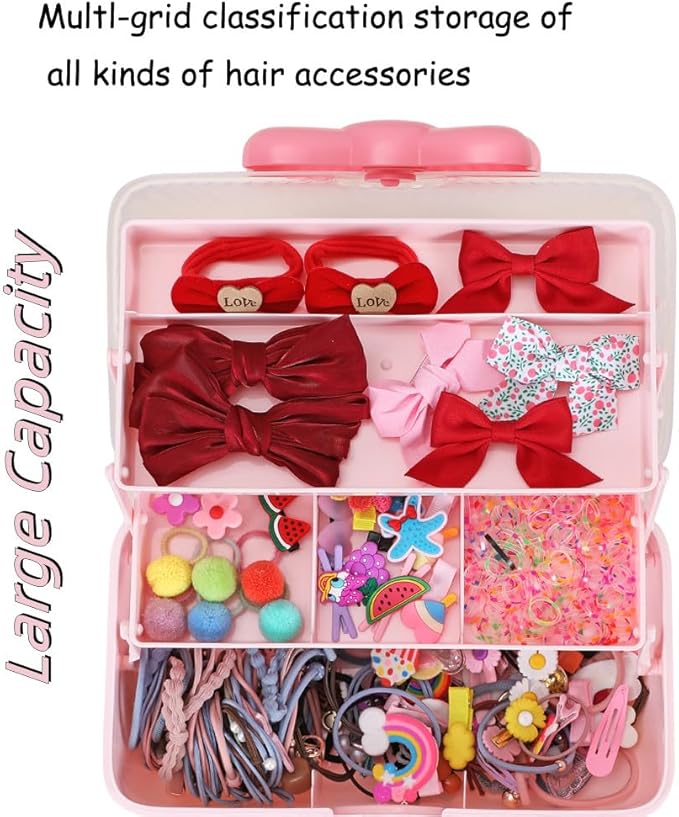 Hair Accessories Organizer for Girls Headbands, Clips, Ties Baby Girl Supplies, Lockable Three-layer Folding Craft Organizers and Storage Plastic Jewelry Box,10.8 * 5.9 * 5.7in (Pink)