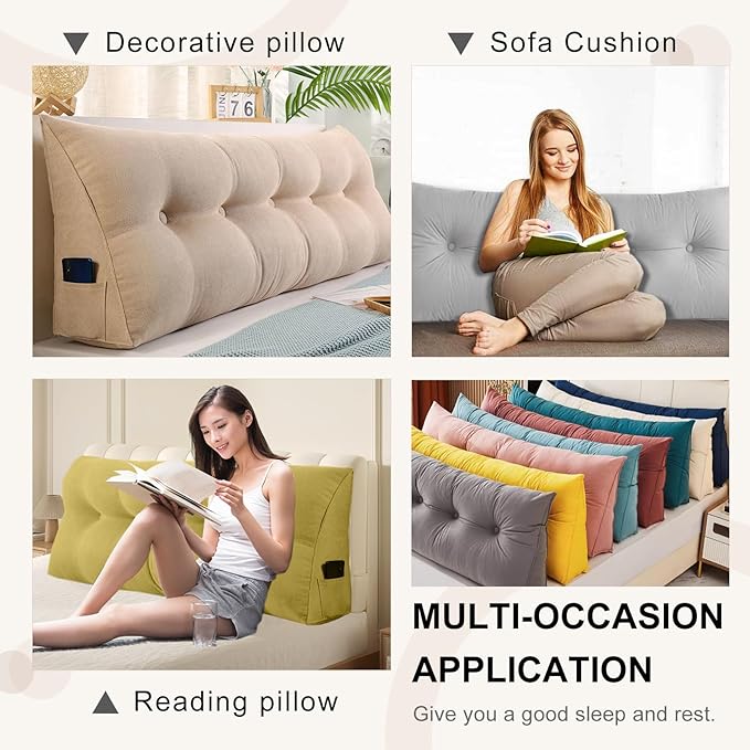 Large Triangular Headboard Pillows Long Backrest Positioning Support Bolster Cushion for Daybed Fluffy Quality Plush Body Wedge Pillow with Removable Cover(Light yellow-Queen-59x8x20in)