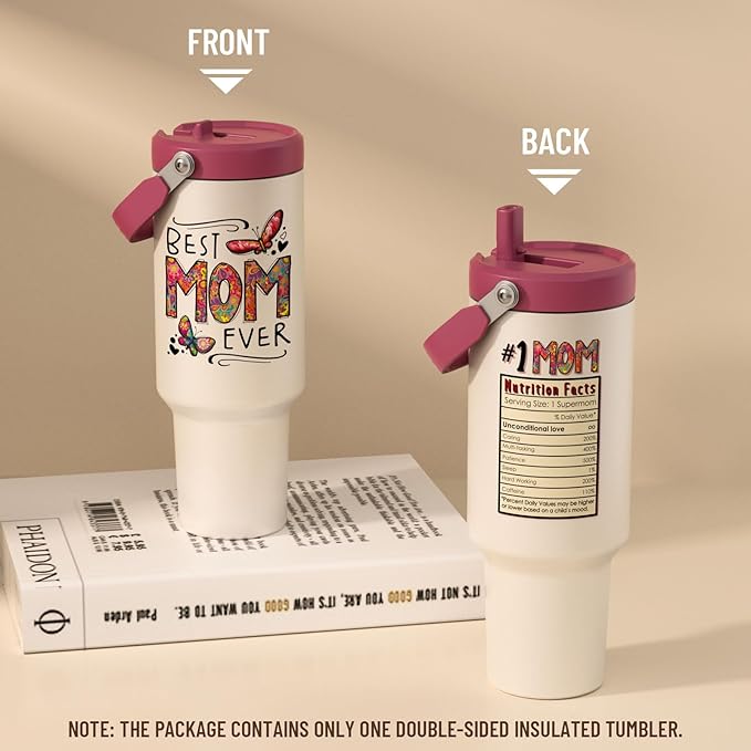 Gifts for Mom, Mothers Day Gifts from Daughter or Son, Mom Gifts - Happy Birthday, Christmas, Mother's Day Gift - 40 oz Tumbler with Handle and Straw (Butterfly)