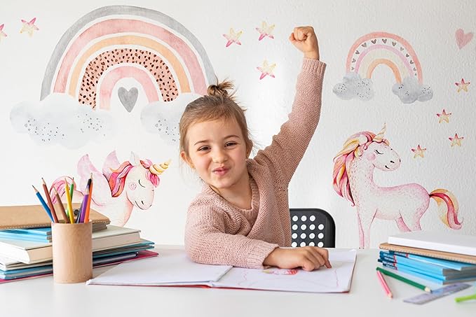 Large Rainbow Wall Decals by Lipastick - 144 pcs Rainbow Wall Stickers - Unicorn Wall Decals for Kids Bedroom Room Nursery – Kids Wall Stickers Cloud Stars Ponies - Waterproof Wall Art Décor XXL Size