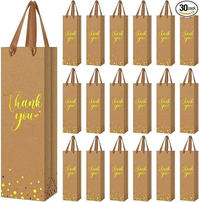 Ctosree 30 Pcs Wine Gift Bag for Wine Bottle Wedding Wine Thank You Gift Bag with Metallic Gold Foil Print Kraft Wine Paper Favor Bag with Attractive Rope Handle for Graduation Bottle(Brown)