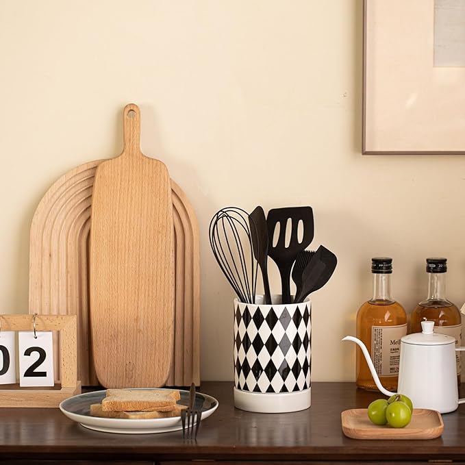 Small Utensil Holder for Kitchen Counter 4.1 x 6 Inches Ceramic Cooking Utensil Crocks Countertop Organizer Vintage Farmhouse Kitchen Decor Caddy,Diamond