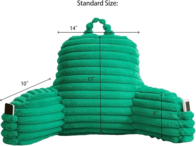 Faux Fur Fluffy Emerald Reading Pillow with Pockets, Luxury Striped Plush Decorative, Arm Rests and Back Surport for Bed Rest, Lounging on sofa, Standard