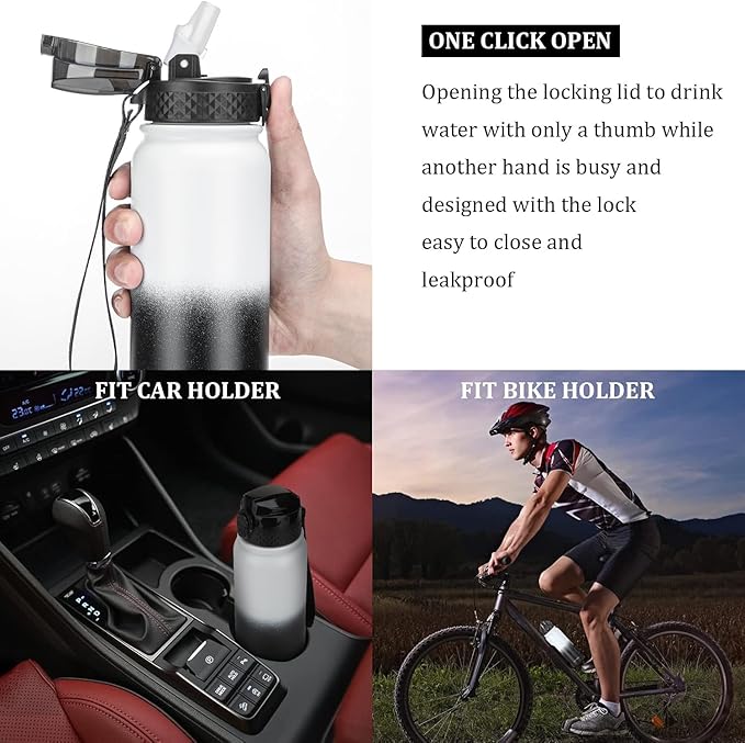 GOPPUS 20oz Insulated Stainless Steel Water Bottle with Straw Lid Leakproof Water Flask, Keeps Hot and Cold Sports Canteen Water Bottles for Kids Men Women Gym (White Black 1 Lid)