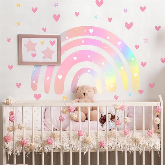 Pink Rainbow Love Heart Stars Wall Sticker Wall Stickers, sacinora Large Dazzle Art DIY Wall Decals Removable Vinyl Peel and Stick for Kids Baby Nursery Bedroom Playroom Kindergarten Home Decorations