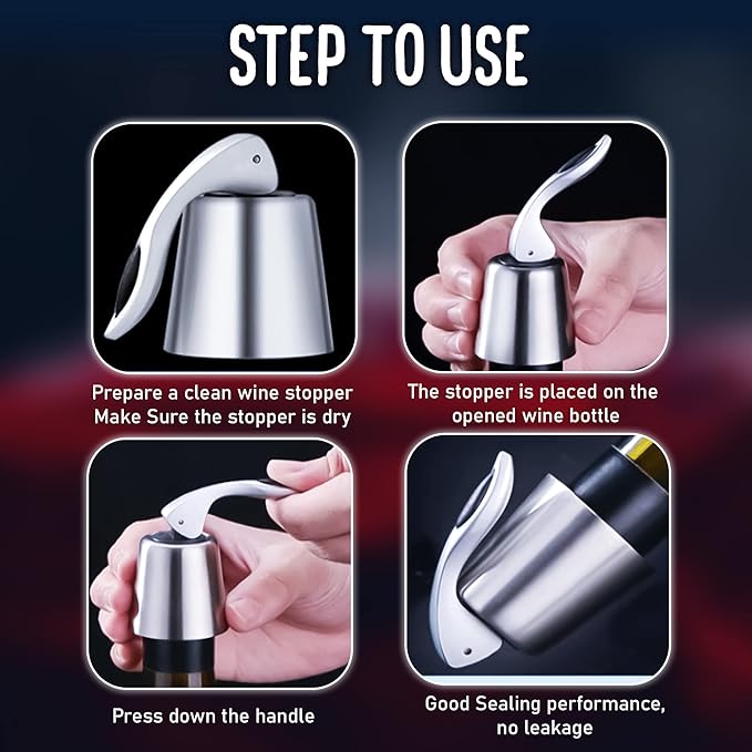 Stainless Steel Wine Bottle Stopper, Wine Vacuum Stopper with Silicone Seal, Reusable Wine Saver Plug to Keep Wine Fresh, Leakproof and Airtight Seal Toppers for Bottles 1 Pack