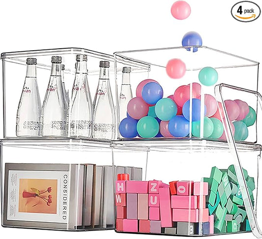 Clear plastic storage bins with LIDS-4packs,storage containers for snacks, cosmetics, books, dog food, Storage Organizer for Nursery,Kitchen, Living room,Bedroom, Bathroom, Office