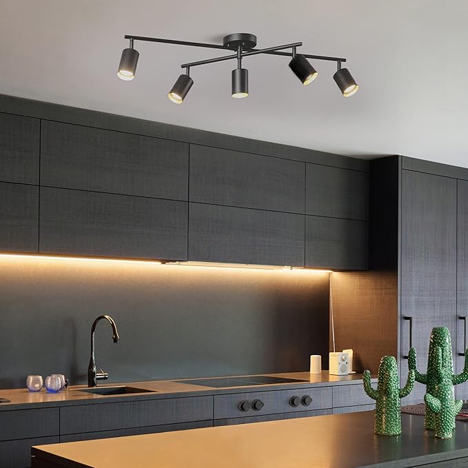 Globe Electric 64000052 5-Light Track Lighting, Center Swivel Bar, Matte Black, Ceiling Light, Track Light Heads, Pivot Shades, Track Ceiling Light, Track Lighting Kit, 5 Bulb Kitchen Light