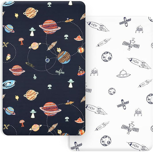PHF Soft Mini Crib Sheet Set, 2 Pack Silky Comfy Pack N Play Sheets for Boys Girls, Universal Fit for Pack N Play, Playard and Mini Crib Mattresses, Space