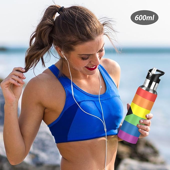 20oz Gay LGBT Progress Pride flag Sports Water Bottle,Double Wall Vacuum Insulated Stainless Steel Lesbian Water Bottle with Straw Keeps Hot& Cold, Bike Gym Travel Pride Day Month Gifts