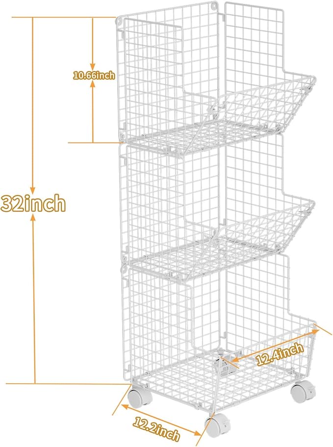 Sonyabecca Toy Organizer Basket Shelf with Wheel, S-Hooks, Rolling Cart Hanging Storage Baskets for Child Room, Playroom, Bedroom, Kitchen (White)