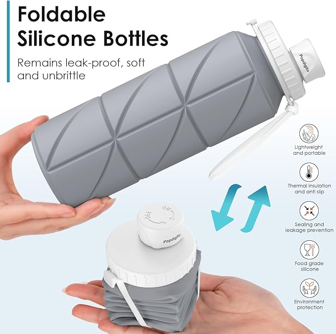 4pack Collapsible Water Bottles Foldable Silicone Travel Water Bottle Leakproof Flexible BPA Free Portable,Folding Water Bottle Lightweight for Camping,Hiking,Sports Travel Bottles 23oz