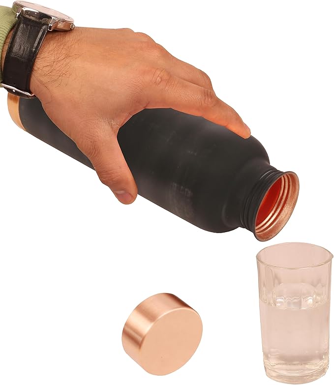Pure Copper Water Bottle - Handcrafted - Ayurveda Health Benefits - 33 OZ - Leak proof - Easy to carry for Sports, Fitness, Yoga, School - Jet Black Matte Finish Vintage Enamel.