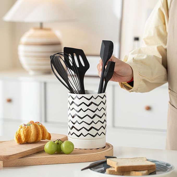 Small Utensil Holder for Kitchen Counter 4.1 x 6 Inches Ceramic Cooking Utensil Crocks Countertop Organizer Vintage Farmhouse Kitchen Decor Caddy,Ripple