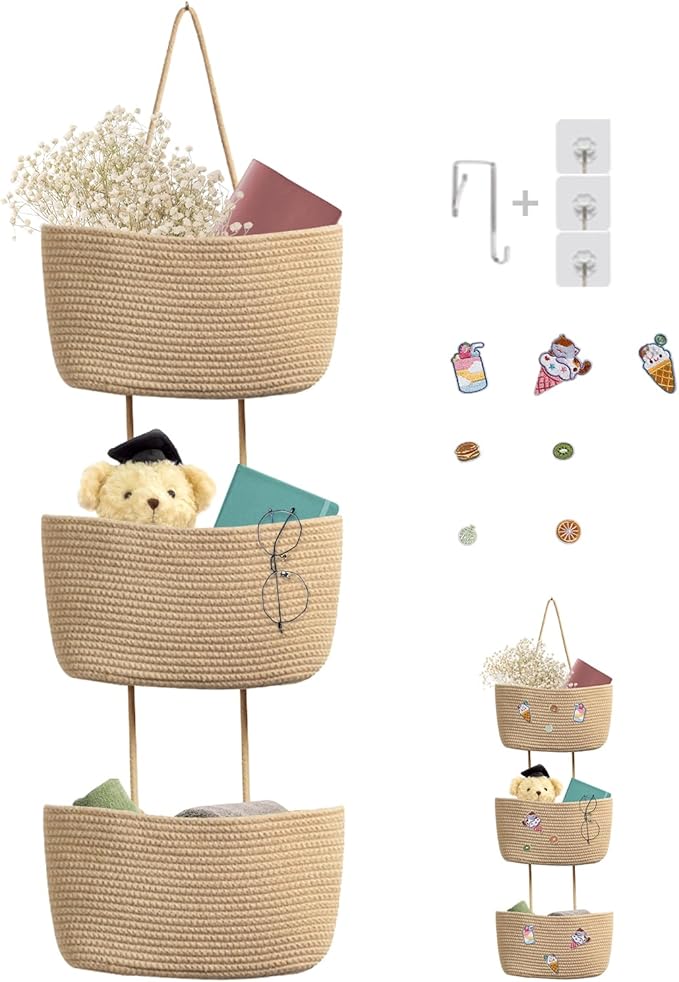 TeoKJ Over the Door Hanging Basket, 3-Tier Woven Cotton Wall-Mounted Storage Organizer with Self Adhesive Dessert Stick Decorative Hanging Nursery Baskets - Jute