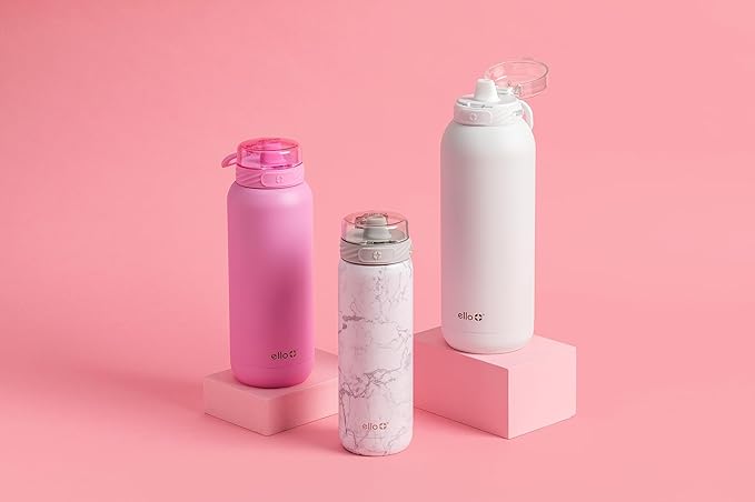 Ello Cooper 40oz Stainless Steel Water Bottle with Straw and Carry Handle, Double Walled and Vacuum Insulated Metal, Leak Proof Locking Lid with Soft Silicone Spout, Reusable, BPA Free, White Marble