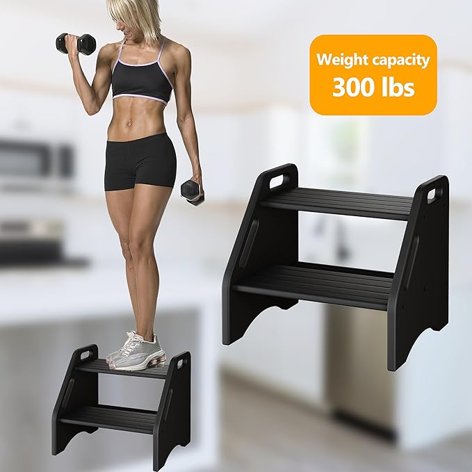 AMBIRD Wooden Step Stool, Two Step Stools 300 lbs Capacity with Safety Non-Slip Pads and Handles, Bamboo Step Stool for Bathroom, Kitchen Step Stools Dual Height Step Stools for Adults (Black)