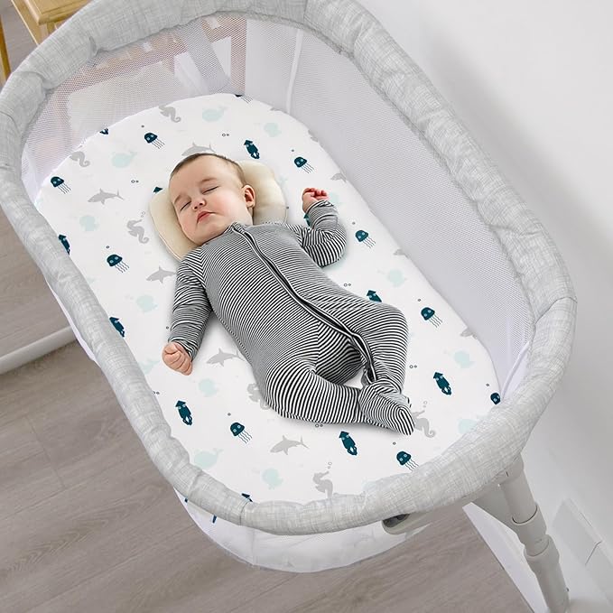 Baby Bassinet Fitted Sheets 4 Pack Compatible with 4moms MamaRoo Sleep, Regalo Baby Basics Bassinet and Chicco Close to You 3-in-1 Bedside, Ultra Soft and Skin-Friendly, Aqua Dinosaurs & White Ocean