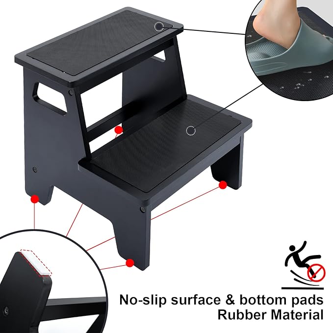 Kids Step Stools for Toddlers Bathroom Wood Toddler Step Stool Kitchen Counter Sink Baby Stepstools Bamboo Wooden Foot Bed Stool for Child Potty Training Toilet Stool Stepping Stool, Black with Pads