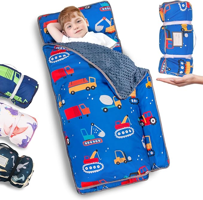 Nap Mat- Toddler Nap Mat with Pillow & Fleece Blanket- 55''*23''*2'' Nap Mat for Toddlers- Nap Mats for Preschool, Daycare(Rubber Band Style Blue Excavator)