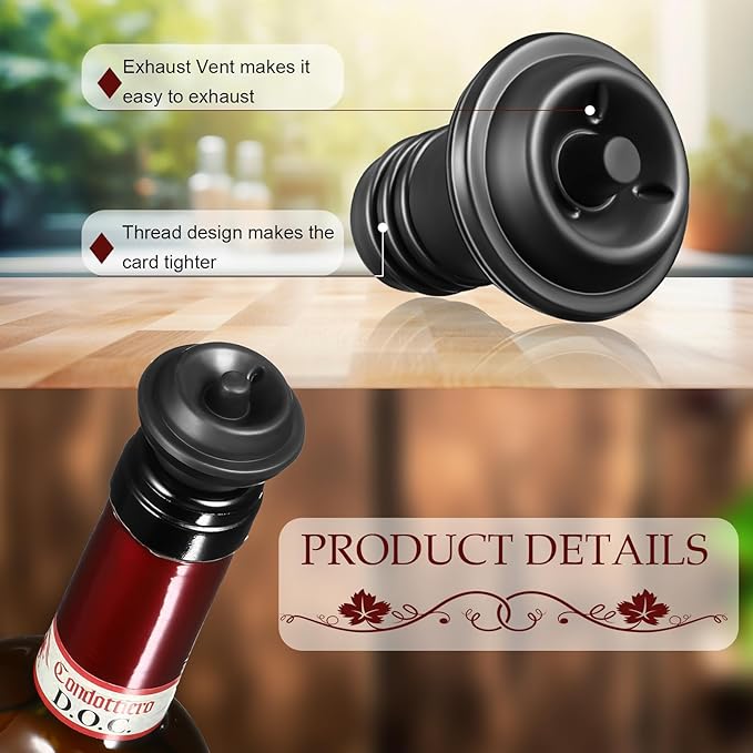 Honoson Wine Stopper Resealable Wine Pump Vacuum Stoppers Vacuum Wine Stopper Silicone Wine Saver Stoppers Practical Wine Saver Stoppers for Kitchen Supplies Wine Bottle Tools (Black,12 Pieces)