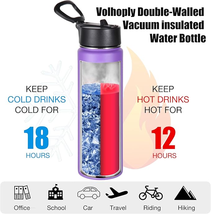 Volhoply 24oz Insulated Water Bottle With Straw Bulk 3 Pack,Metal Wide Mouth Water Bottles With Handle Lid,Reusable Double Wall Thermos,Powder Coated Sport Bottle For Holder(Lavender,3 Count)