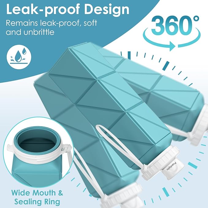 Collapsible Water Bottles 20.7oz Leakproof with Straw Lid Food-Grade BPA-Free Silicone Travel Foldable Water Bottles for Sports Office Gym Hiking Driving 610ML (Pink+Nave Blue+Green+Grey)