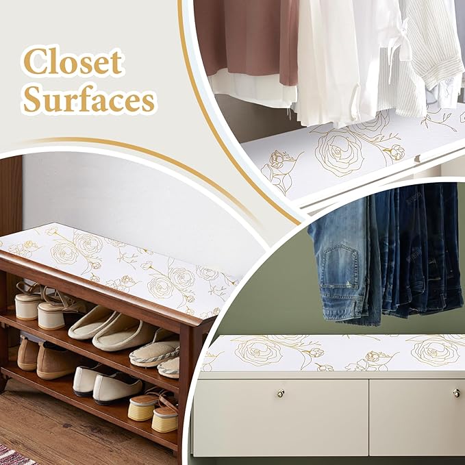 Shelf Liners for Kitchen Cabinets Non Adhesive Drawer Liner 23.6in x 20FT Gold Floral Thickened Shelf Liner Paper Strong Non-Slip Easy to Clean for Tool Box Refrigerator