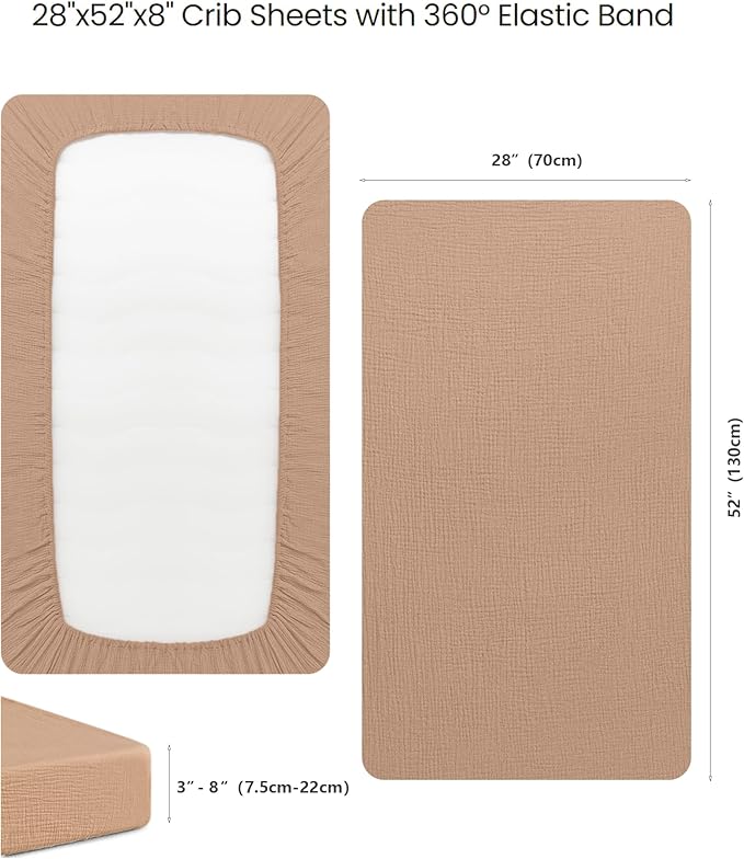 Konssy Muslin Fitted Crib Sheets 100% Cotton Baby Crib Sheets for Standard Crib Mattress (28 X 52 Inches), Soft and Breathable for Boys Girls (Toffee)