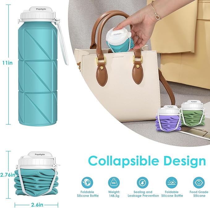 2pack Collapsible Water Bottles Reusable Leak Proof Silicone Water Bottle BPA Free Durable Foldable Sports Bottles & straw 23oz Lightweight Bottle for Gym Hiking Biking Camping Travel Bottle