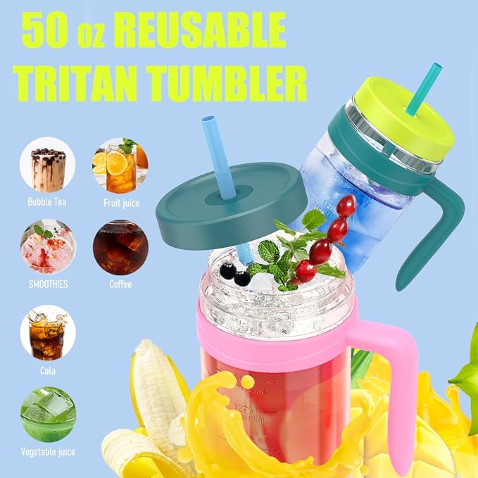 Tronco 50 oz Tritan Plastic Tumbler with Lid and Straw, BPA-Free Reusable Clear Water Bottle with Time Marker, 100% Leak Proof & Wide Mouth for Iced Coffee, Juice, Bubble Tea, Smoothies