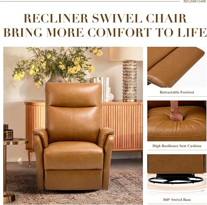 Swivel Rocking Recliner Glider Chair, Leather Reclining Rocker Chair with Footrest for Living Room, Nursery, Office, Bedroom, Ergonomic High Backrest, Wide Seat Cushion and Metal Base-Camel
