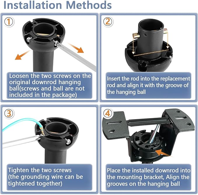 24" Ceiling Fan Downrod, 【1 Outside Diameter】 Black Extended Downrod, including 4 Wire Connectors and 5 Extension Wires (No Threads)